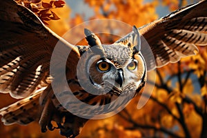 Autumns aerial guardian Majestic owl soars through vibrant foliage