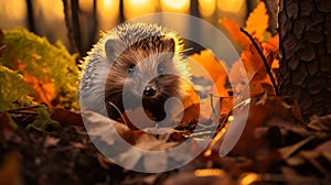 Autumns Cozy Retreat: Hedgehog Nestled in Vibrant Leaves