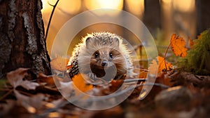 Autumns Cozy Retreat: Hedgehog Nestled in Vibrant Leaves