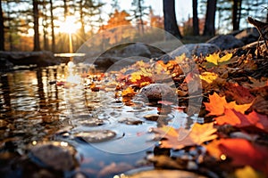 Autumns Serene Reflection: Vibrant Foliage and Dew-Covered Pond photo