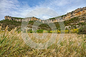 Autunm landscape in Cuenca with rock formations, wide angle