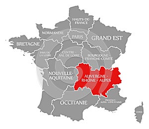 Auvergne - Rhone - Alpes red highlighted in map of France