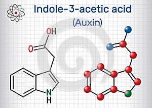 Auxin, Indole-3-acetic acid IAA, 3-IAA. Sheet of paper in a cage.Structural chemical formula and molecule model