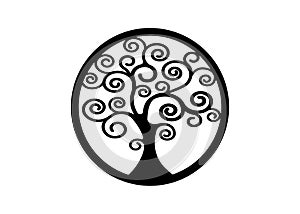 Sacred Tree, round tree of life icon,  natural logo and black tree ecology illustration symbol sign vector design isolated