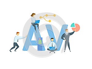 AV, audiovisual. Concept with keyword, people and icons. Flat vector illustration. Isolated on white.