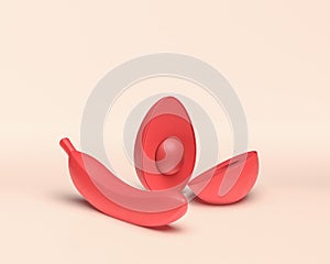 Avacado and banana, 3d Icon, monochrome red fruit, flat color, 3d Rendering, healthy food