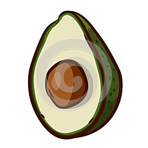 Avacado fruit cut in half on a white background.