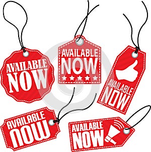 Available now tag set, vector illustration