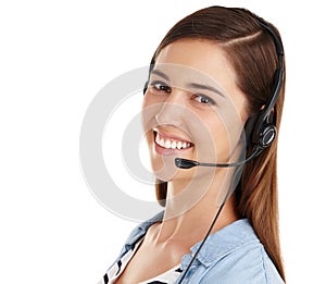 Always available to assist. Studio shot of a beautiful young customer service agent wearing a headset against a white