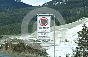 Avalanche Area sign on Trans-Canada Highway in British Columbia