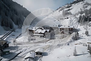 avalanche buries ski resort, with snow and debris covering the slopes