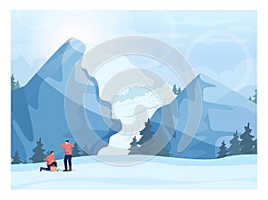 Avalanche concept. Rescuer detonating a snowy mountain. Winter landscape