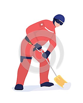 Avalanche first responder with shovel semi flat color vector character