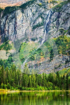Avalanche Lake creek and waterfall in Glacier National Park, Montana.