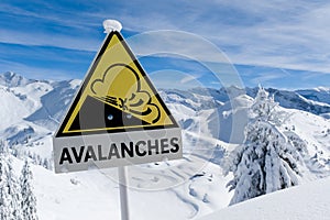 Avalanche sign in winter Alps with snow