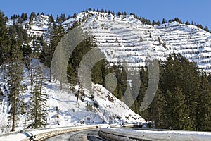 Avalanche snow bridge near a ski-resort in Austria's Skiwelt, al