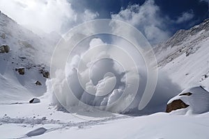 avalanches and snowstorms in the high mountains, with thundering avalanches and raging blizzards