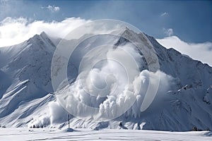 avalanches and snowstorms in the mountains of the wilderness, with a view of towering peaks