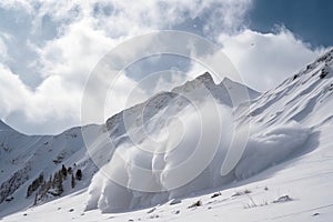 avalanches and snowstorms in the mountains of the wilderness, with a view of towering peaks