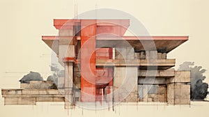 Avant-garde Architecture: Red Buildings With Precisionist Lines And Symbolist Watercolors photo