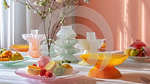 An avant-garde dining setup with dishes that visually represent their nutritional value through color and texture