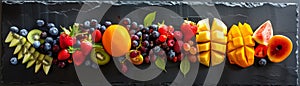 An avant garde fruit platter arranged to resemble a modern art painting with bold colors and shapes