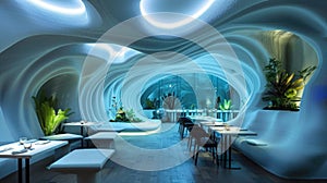 An avant-garde restaurant where diners receive custom 3D-printed meals based on their nutritional profiles, in a sci-fi