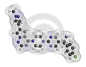 Avapritinib cancer drug molecule. 3D rendering. Atoms are represented as spheres with conventional color coding: hydrogen white