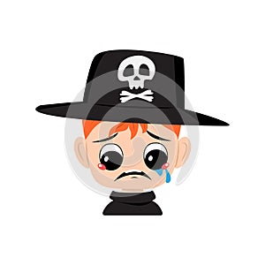 Avatar of boy with red hair, crying and tears emotion, sad face, depressive eyes in hat with skull.