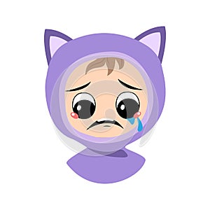 Avatar of child with crying and tears emotion, sad face, depressive eyes in cat hat