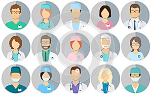 Avatar doctors. Medical staff - set of icons with doctors, surgeons, nurses and other medical practitioners.