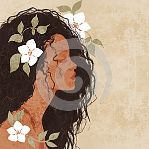 Avatar of elegant girl in profile in boho authentic modern style. Girl in white flowers. The concept of beauty