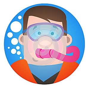 Avatar is a fun diver. Cartoon portrait of a man in a mask for scuba diving