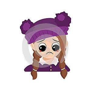 Avatar of girl with crying and tears emotion, sad face, depressive eyes in purple hat with pompom