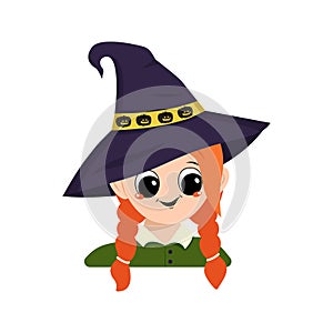 Avatar of a girl with red hair, big eyes, glasses and a wide happy smile in a pointed witch hat with a pumpkin