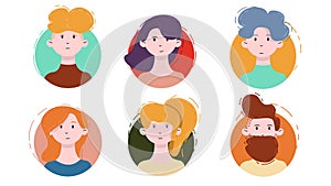 Avatar Icon Set. Isolated Male and Female Portraits on a Circle Background in Modern Linear Flat Style. Social Media Template