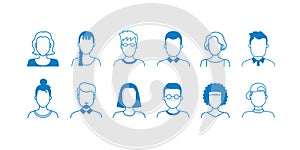Avatar line icons. Hand drawn interface user symbols, doodle people of different ages, teens adult and old. Vector photo