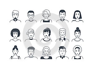Avatar line icons. Male and female hand drawn cartoon persons, flat boys and girls doodle characters. Vector modern