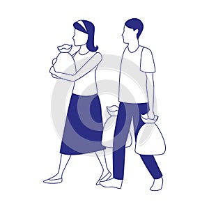 Avatar man and woman with supermarket bags, flat design