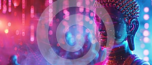 An avatar of peace in a neon cyberscape balancing the binary with ancient wisdom