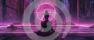 An avatar of peace in a neon cyberscape balancing the binary with ancient wisdom