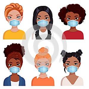 Avatar woman set in medical masks. Business women icon collection. Vector Different characters. Isolated illustration