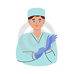 Avatar of young smiling doctor putting on gloves. Portrait of friendly surgeon in medical scrubs and cap. Flat vector