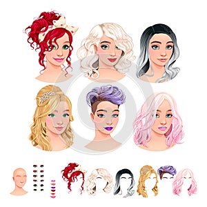 Avatars. 6 hairstyles, 6 make-up, 6 mouths, 1 head