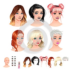 Avatars. 6 hairstyles, 6 make-up, 6 mouths, 1 head