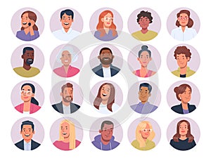 Avatars of business men and women, office workers. Set of business people portraits in circles background