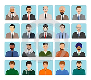 Avatars characters set of different kind men. Business, elegant and sports male people icons faces.