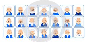 Avatars elderly men. Illustrations of heads of pensioner in rounded squares. Male faces. Illustration of men characters isolated