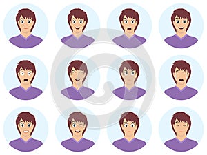 Avatars with emotions. Set of male emoji characters. Isolated boys avatars with different facial expressions. Vector illustration.