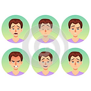Avatars emotions. Set a man with a variety of emotions. Male face with different expressions. Man in flat design